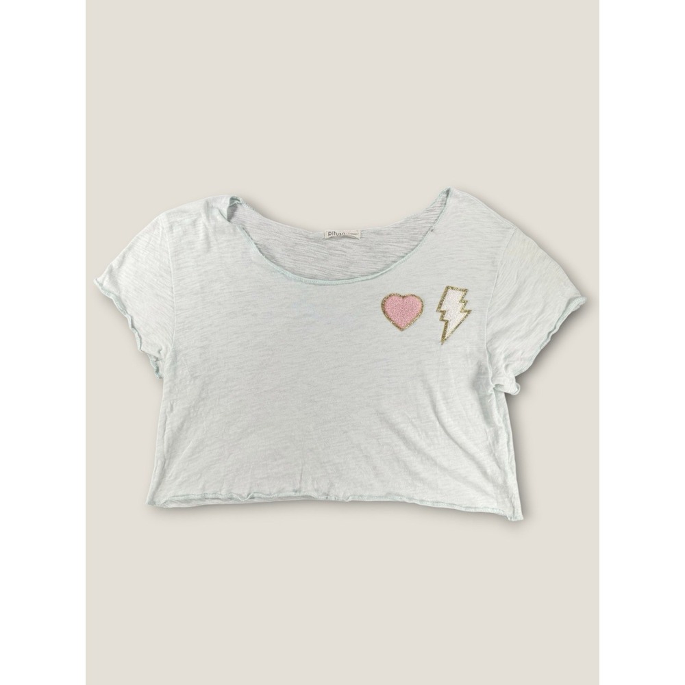 Pitusa Standard Light Blue Crop Top Tee‎ Sequin Heart Lightning Bolt Patch